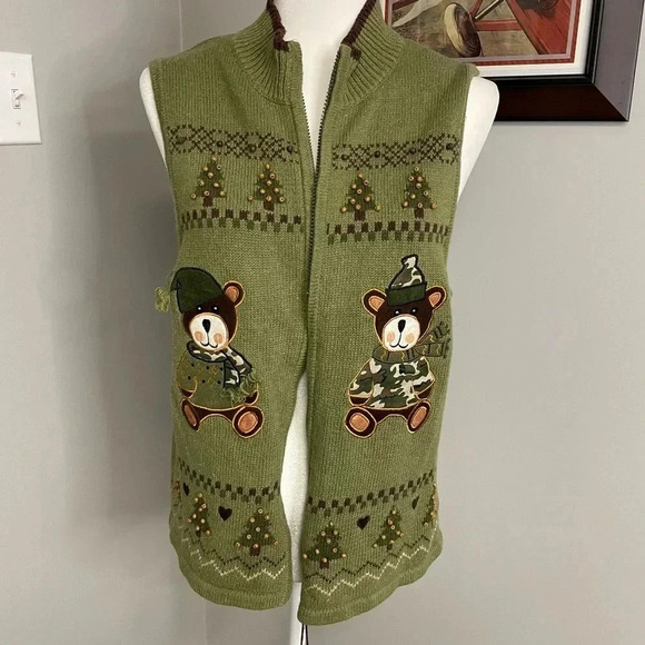 Heirloom Collections Camo Bears Christmas Sweater Cardigan Green Size XL Army - Picture 1 of 6